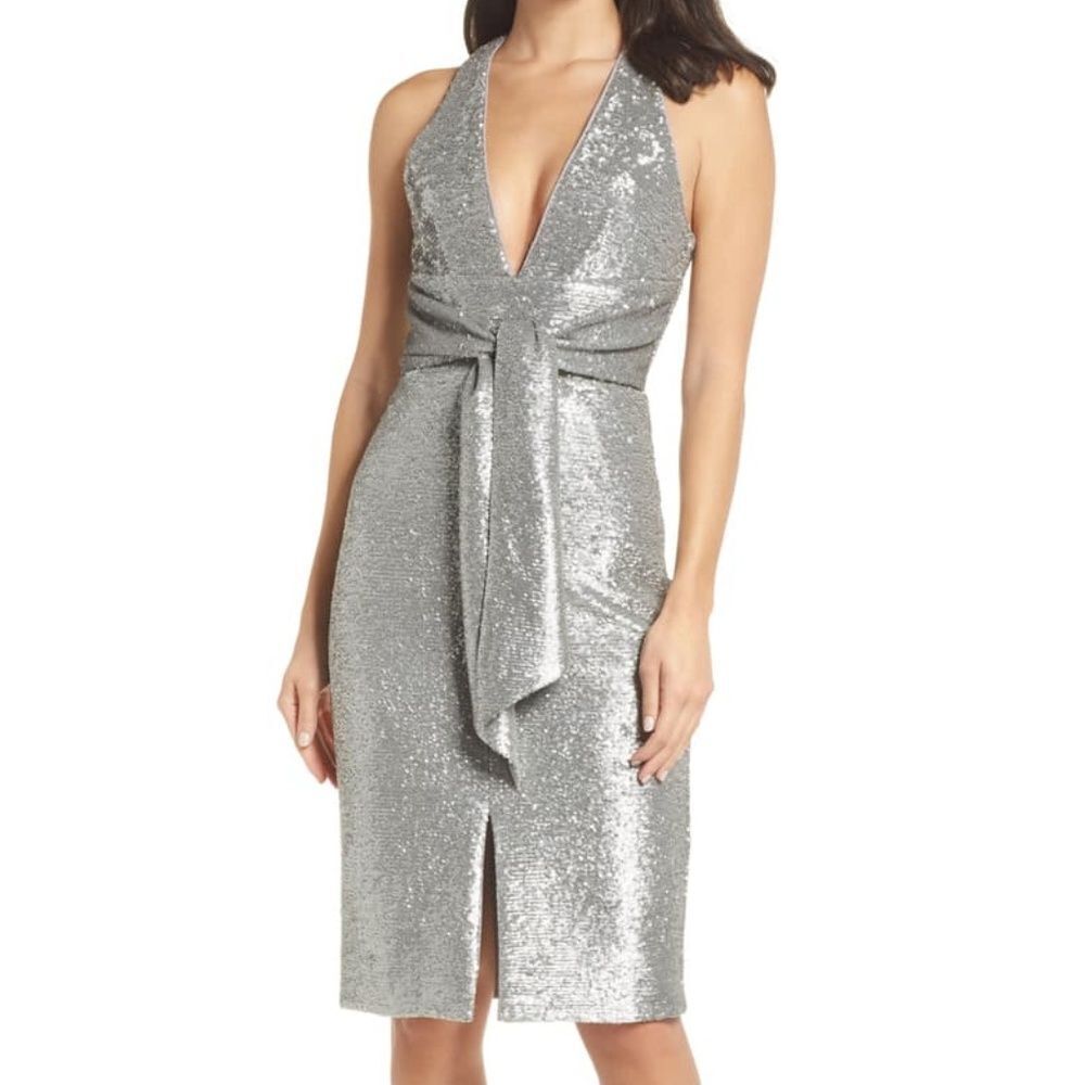 Silver Metallic HARLYN Sequin Embellished Plunge Neck Tie-Waist Midi Dress (NWT)